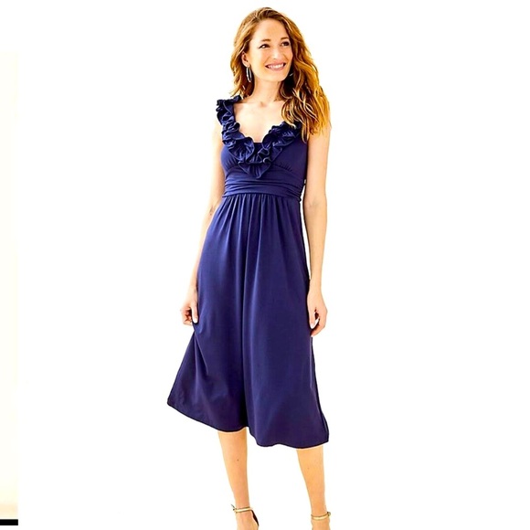 LILY PULITIZER Leena Midi True Navy Ruffle Neckline Dress - Picture 1 of 8
